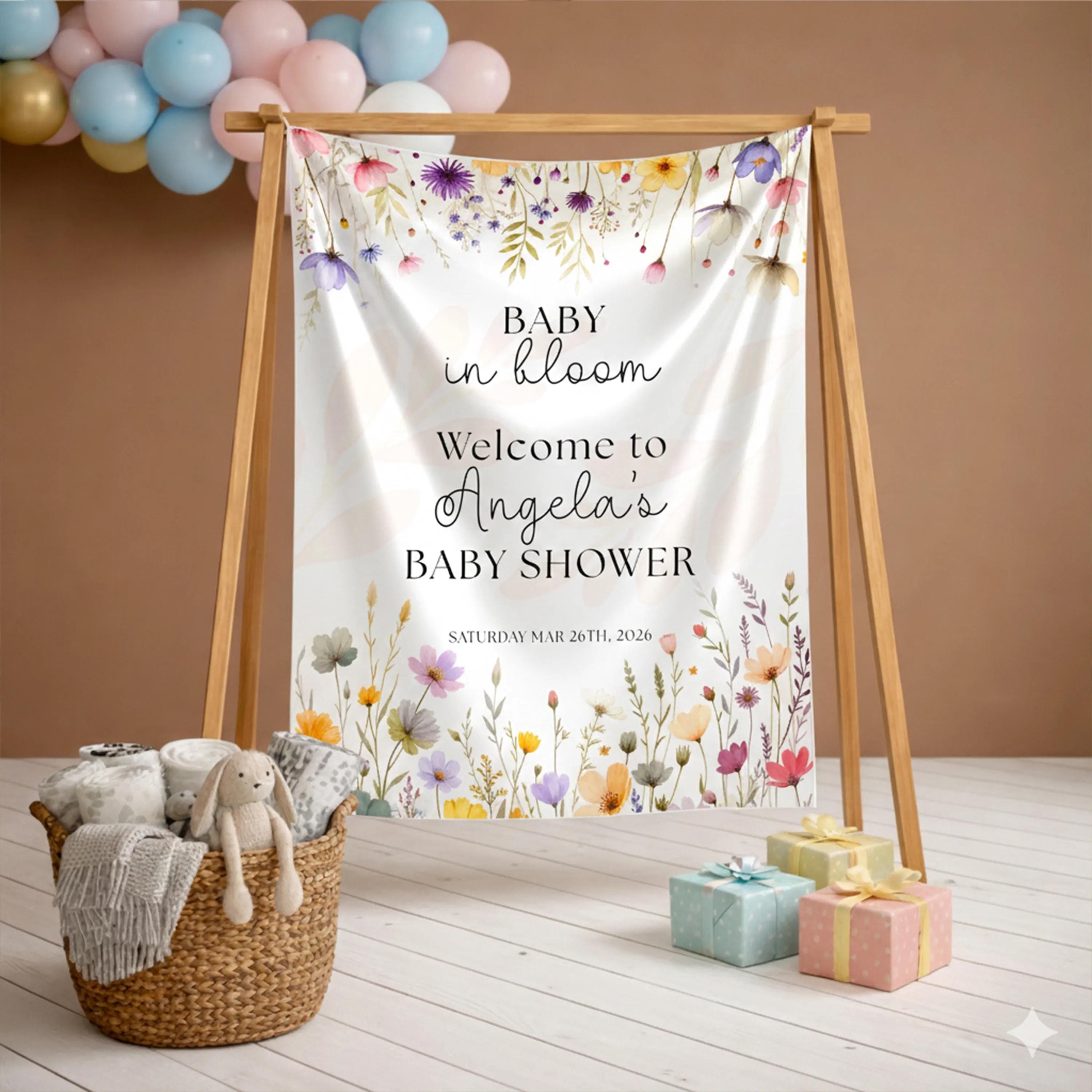 Personalized Wildflower Baby Shower Welcome Sign with Silk Floral Design Neutral Garden Party Decor Custom Name and Date