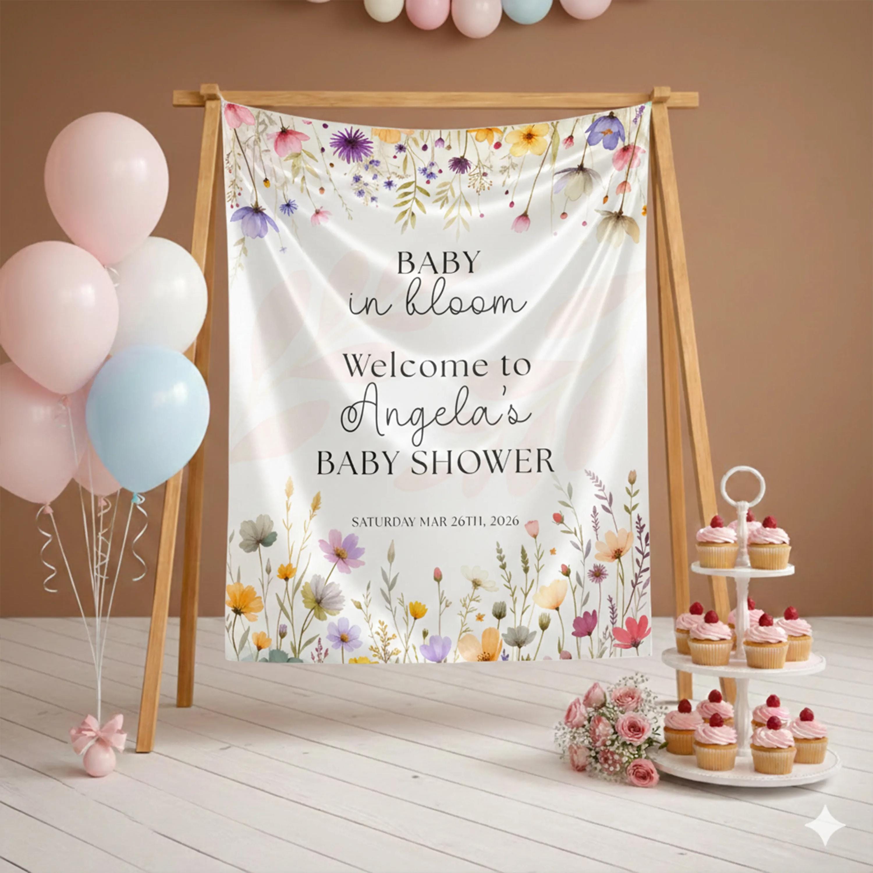 Personalized Wildflower Baby Shower Welcome Sign with Silk Floral Design Neutral Garden Party Decor Custom Name and Date