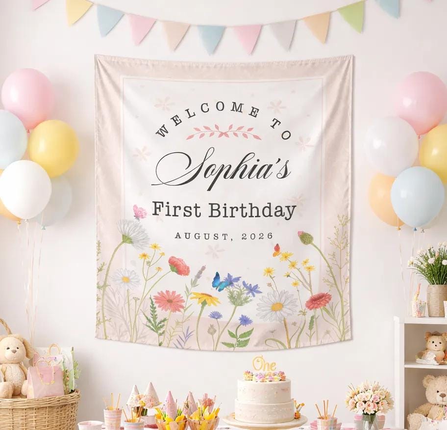 Personalized Wildflower Birthday Banner for Girl’s First Party Pastel Floral Backdrop Custom Name and Date Rustic Butterfly Decor
