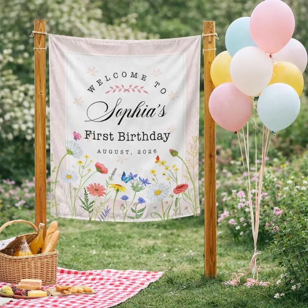 Personalized Wildflower Birthday Banner for Girl’s First Party Pastel Floral Backdrop Custom Name and Date Rustic Butterfly Decor