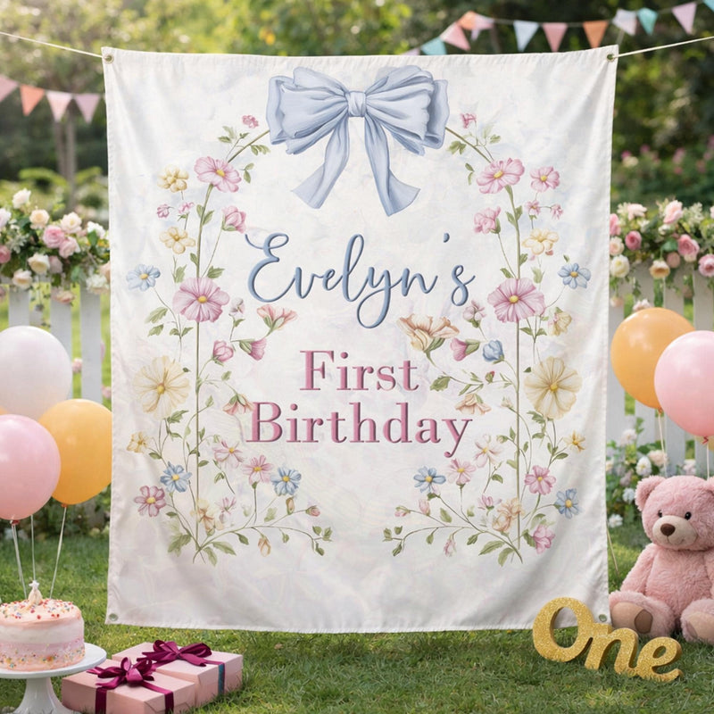Personalized Wildflower First Birthday Banner with Floral Arch and Blue Bow, Custom Silk Party Backdrop for Baby Girl Celebration Decor