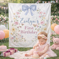 Personalized Wildflower First Birthday Banner with Floral Arch and Blue Bow, Custom Silk Party Backdrop for Baby Girl Celebration Decor