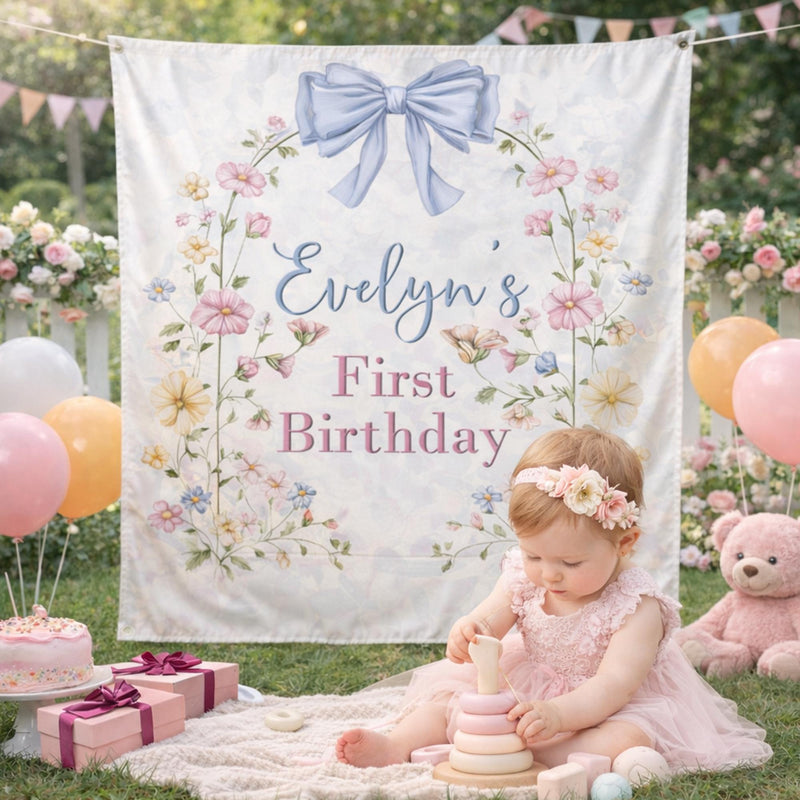 Personalized Wildflower First Birthday Banner with Floral Arch and Blue Bow, Custom Silk Party Backdrop for Baby Girl Celebration Decor