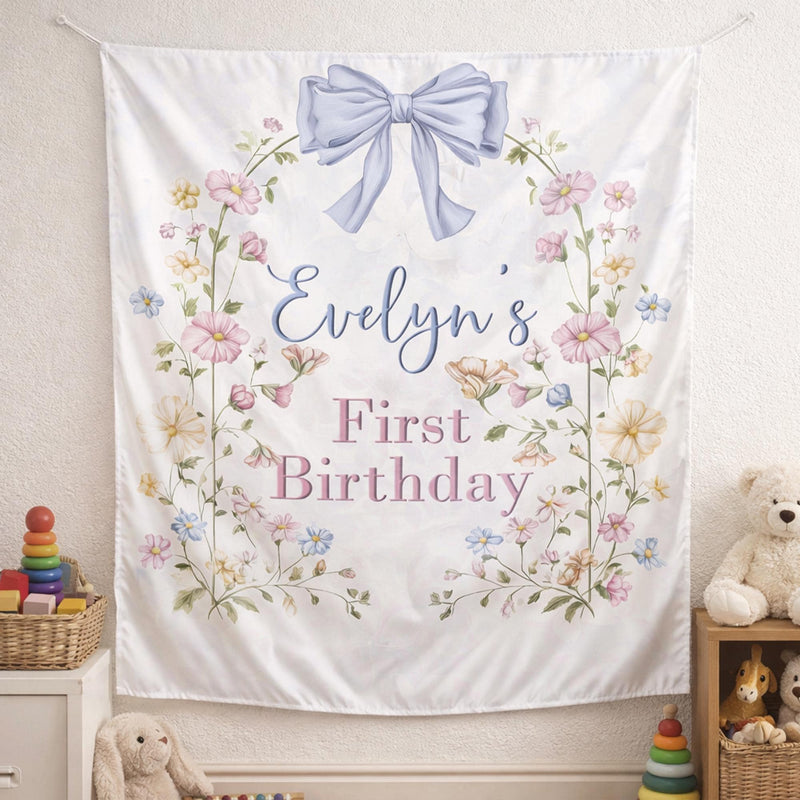 Personalized Wildflower First Birthday Banner with Floral Arch and Blue Bow, Custom Silk Party Backdrop for Baby Girl Celebration Decor