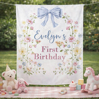 Personalized Wildflower First Birthday Banner with Floral Arch and Blue Bow, Custom Silk Party Backdrop for Baby Girl Celebration Decor