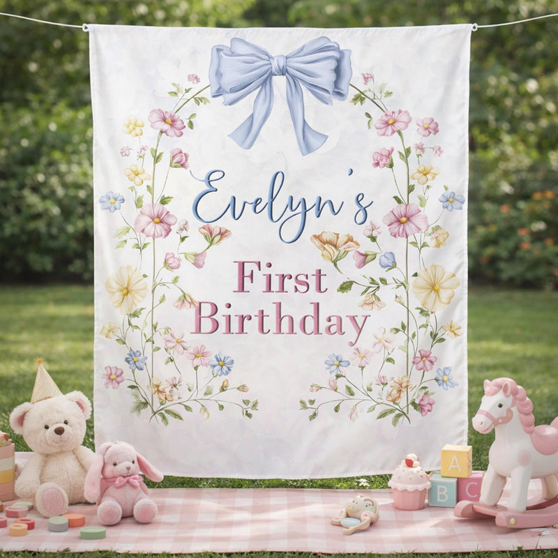 Personalized Wildflower First Birthday Banner with Floral Arch and Blue Bow, Custom Silk Party Backdrop for Baby Girl Celebration Decor