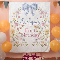 Personalized Wildflower First Birthday Banner with Floral Arch and Blue Bow, Custom Silk Party Backdrop for Baby Girl Celebration Decor