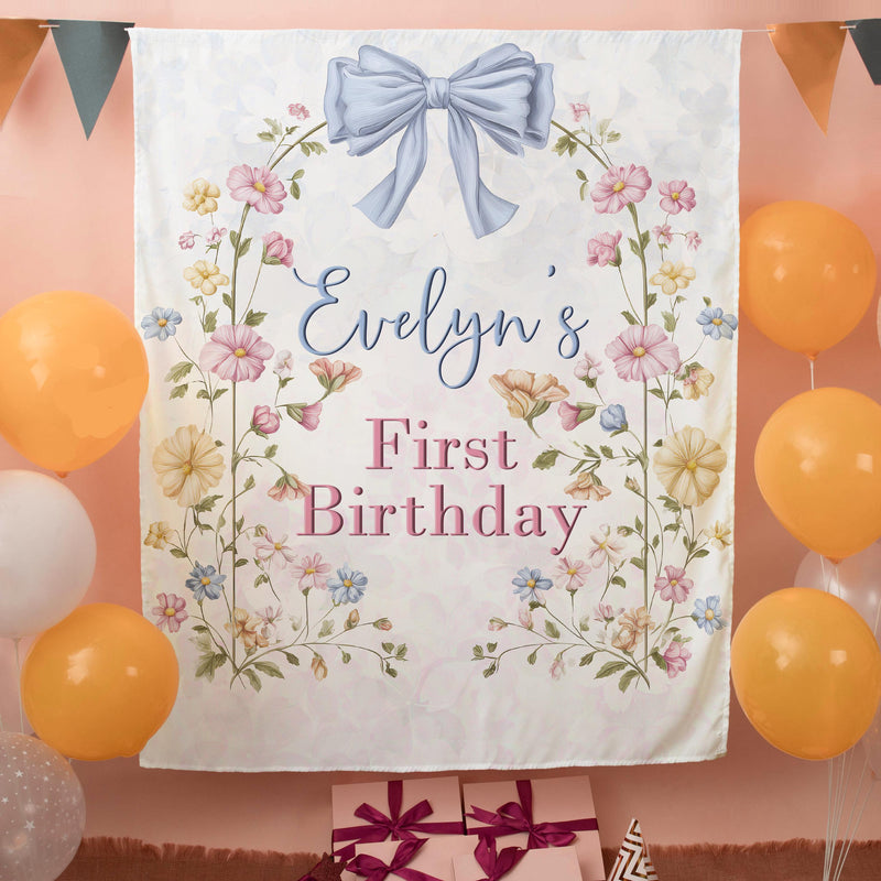 Personalized Wildflower First Birthday Banner with Floral Arch and Blue Bow, Custom Silk Party Backdrop for Baby Girl Celebration Decor