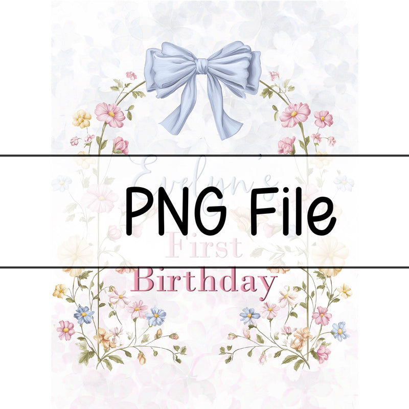 Personalized Wildflower First Birthday Banner with Floral Arch and Blue Bow, Custom Silk Party Backdrop for Baby Girl Celebration Decor