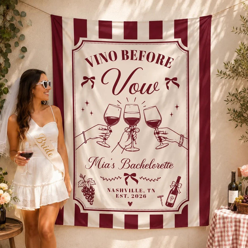 Personalized Wine Bachelorette Party Banner with Custom Name and Date, Burgundy Cream Silk Backdrop for Bride Celebration Decor