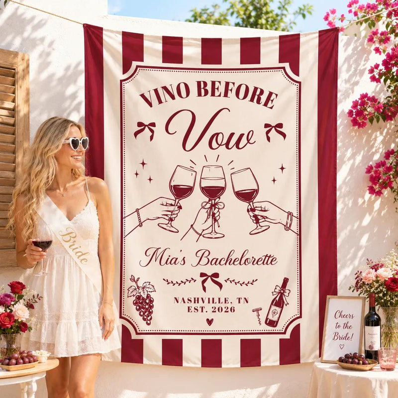 Personalized Wine Bachelorette Party Banner with Custom Name and Date, Burgundy Cream Silk Backdrop for Bride Celebration Decor