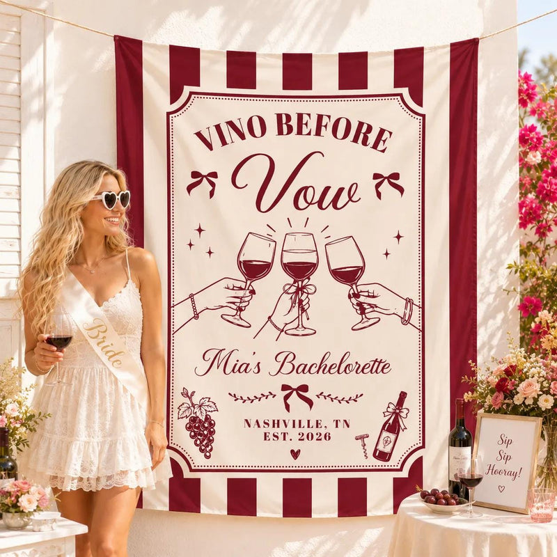 Personalized Wine Bachelorette Party Banner with Custom Name and Date, Burgundy Cream Silk Backdrop for Bride Celebration Decor