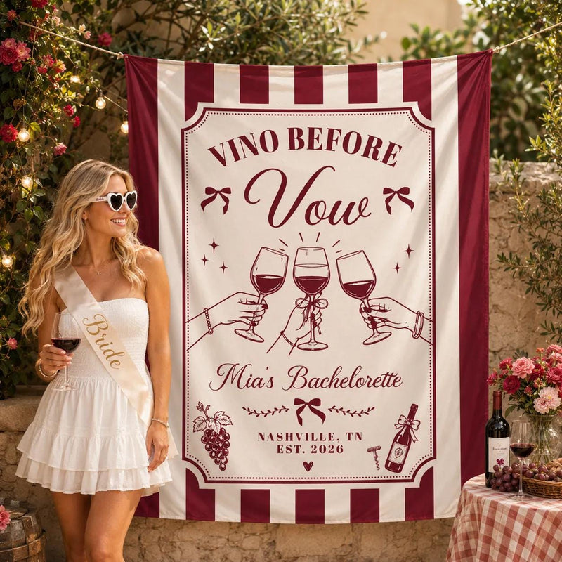 Personalized Wine Bachelorette Party Banner with Custom Name and Date, Burgundy Cream Silk Backdrop for Bride Celebration Decor