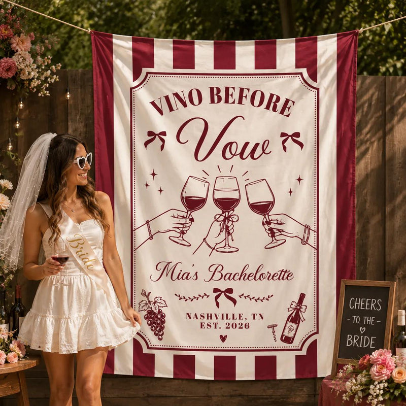 Personalized Wine Bachelorette Party Banner with Custom Name and Date, Burgundy Cream Silk Backdrop for Bride Celebration Decor