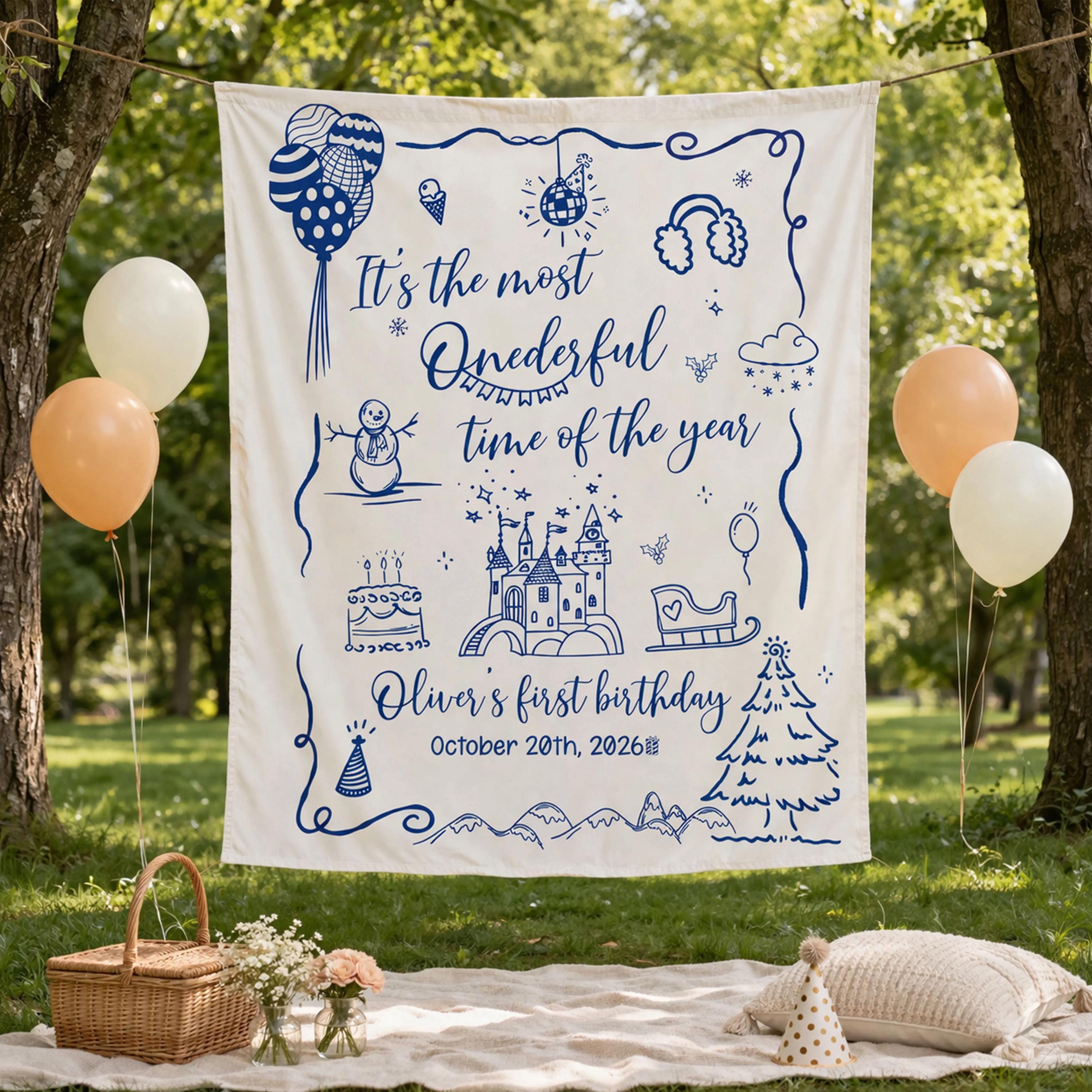 Personalized Winter Onederland 1st Birthday Banner with Snowman and Castle, Custom Baby Party Backdrop for Boy or Girl Milestone Celebration