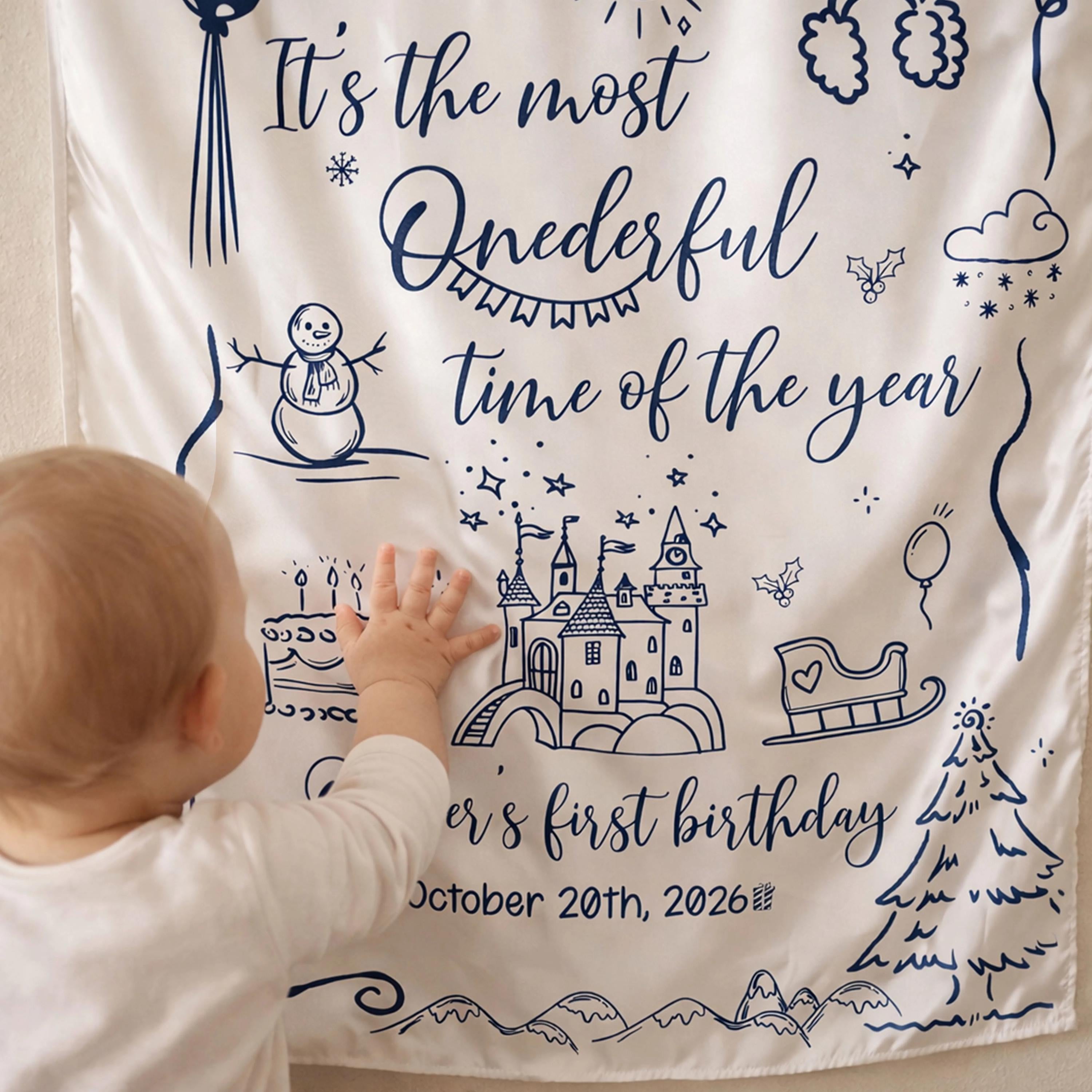 Personalized Winter Onederland 1st Birthday Banner with Snowman and Castle, Custom Baby Party Backdrop for Boy or Girl Milestone Celebration