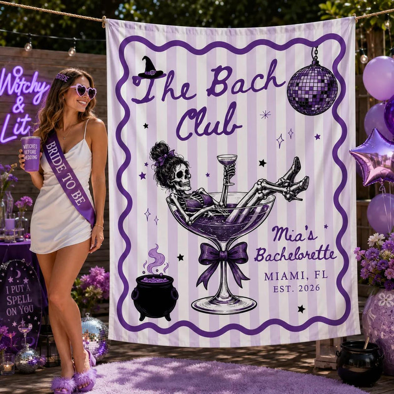 Personalized Witchy Bachelorette Silk Banner with Skeleton Cocktail Artwork, Custom Bride Name & Date, Spooky Halloween Party Backdrop