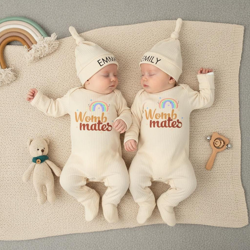 Personalized Womb Mates Twin Baby Bodysuit with Retro Rainbow Design Matching Infant Outfit Soft Cotton Newborn Gift for Twins