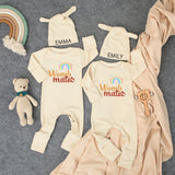 Personalized Womb Mates Twin Baby Bodysuit with Retro Rainbow Design Matching Infant Outfit Soft Cotton Newborn Gift for Twins