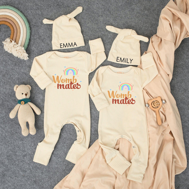 Personalized Womb Mates Twin Baby Bodysuit with Retro Rainbow Design Matching Infant Outfit Soft Cotton Newborn Gift for Twins