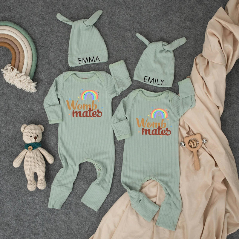 Personalized Womb Mates Twin Baby Bodysuit with Retro Rainbow Design Matching Infant Outfit Soft Cotton Newborn Gift for Twins