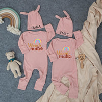 Personalized Womb Mates Twin Baby Bodysuit with Retro Rainbow Design Matching Infant Outfit Soft Cotton Newborn Gift for Twins