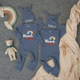 Personalized Womb Mates Twin Baby Bodysuit with Retro Rainbow Design Matching Infant Outfit Soft Cotton Newborn Gift for Twins