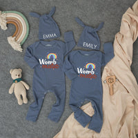 Personalized Womb Mates Twin Baby Bodysuit with Retro Rainbow Design Matching Infant Outfit Soft Cotton Newborn Gift for Twins