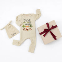 Personalized Woodland Baby Outfit with Fox, Hedgehog and Squirrel Design Soft Cotton Newborn Bodysuit and Hat Set for Girls or Boys