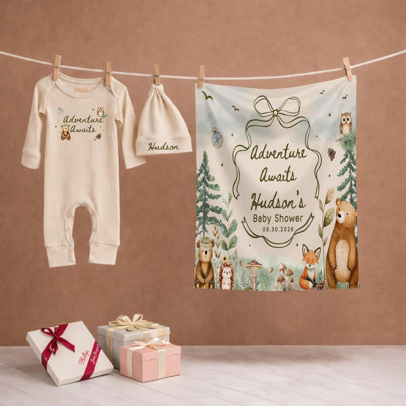 Personalized Woodland Baby Shower Silk Banner with Forest Animals, Custom Name & Date, Soft Fabric Keepsake for Newborn Celebration