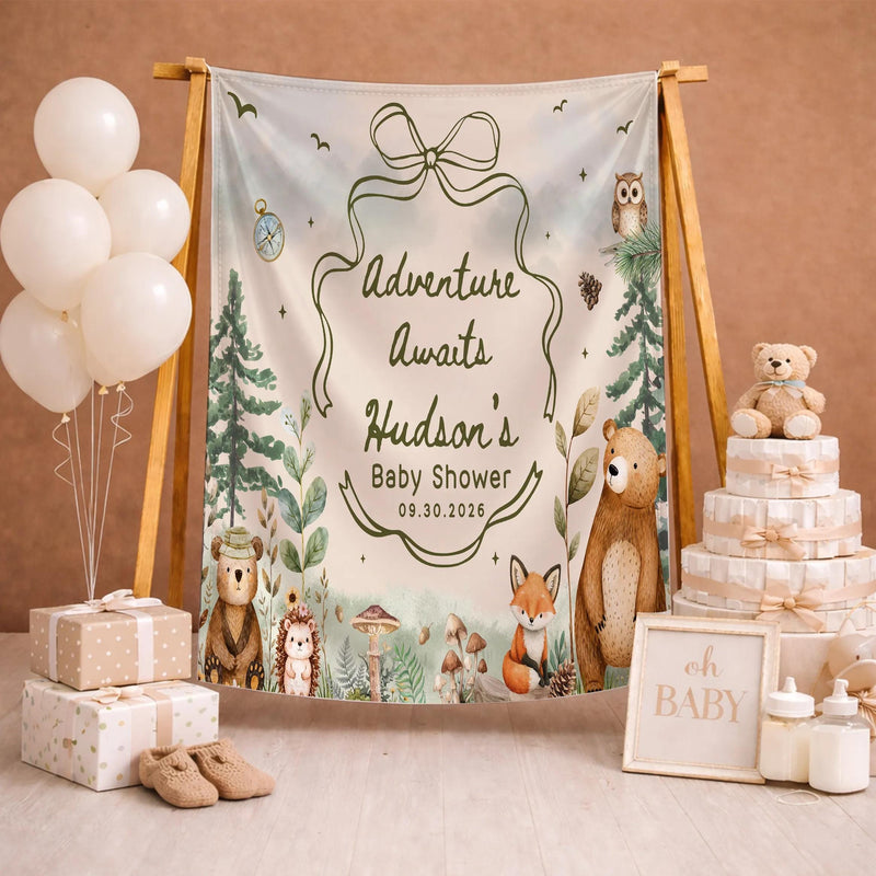 Personalized Woodland Baby Shower Silk Banner with Forest Animals, Custom Name & Date, Soft Fabric Keepsake for Newborn Celebration