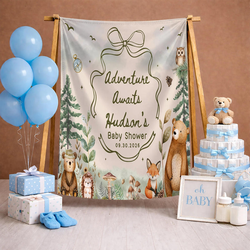 Personalized Woodland Baby Shower Silk Banner with Forest Animals, Custom Name & Date, Soft Fabric Keepsake for Newborn Celebration