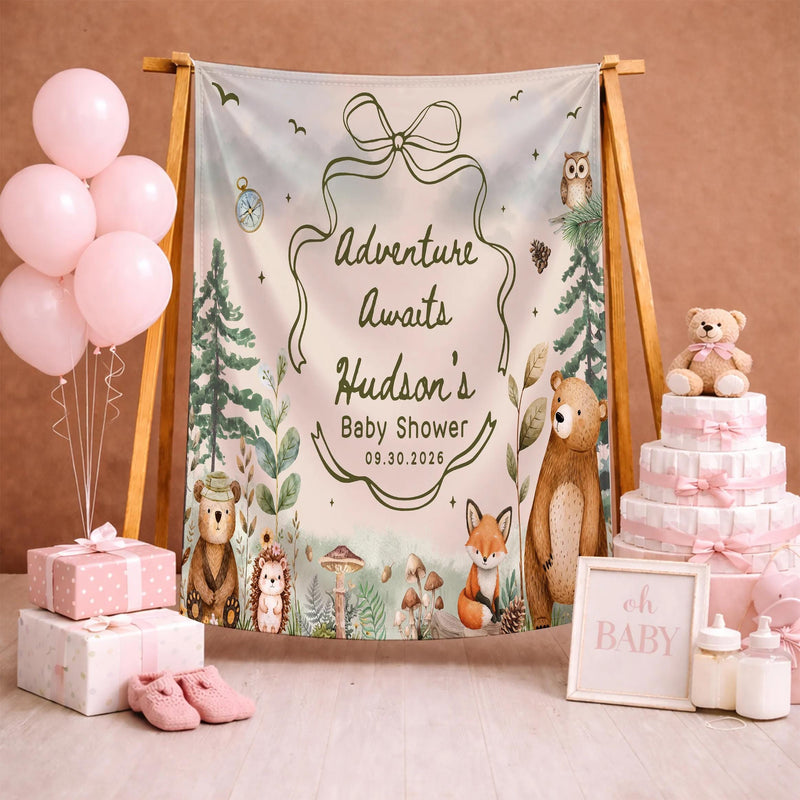 Personalized Woodland Baby Shower Silk Banner with Forest Animals, Custom Name & Date, Soft Fabric Keepsake for Newborn Celebration