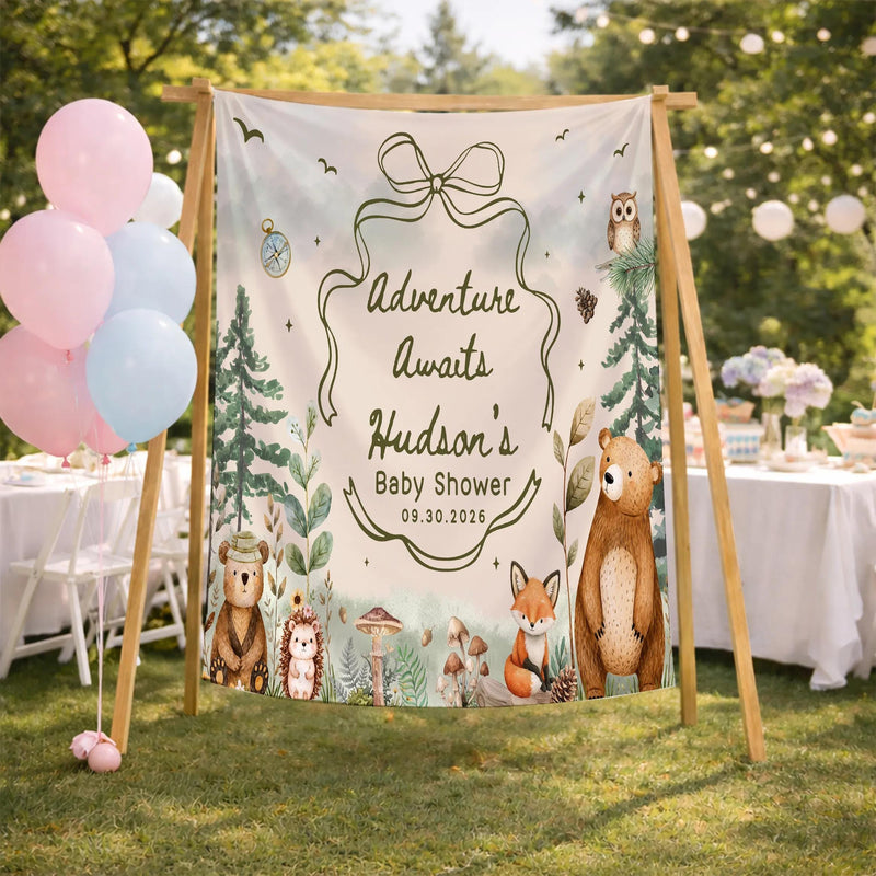 Personalized Woodland Baby Shower Silk Banner with Forest Animals, Custom Name & Date, Soft Fabric Keepsake for Newborn Celebration