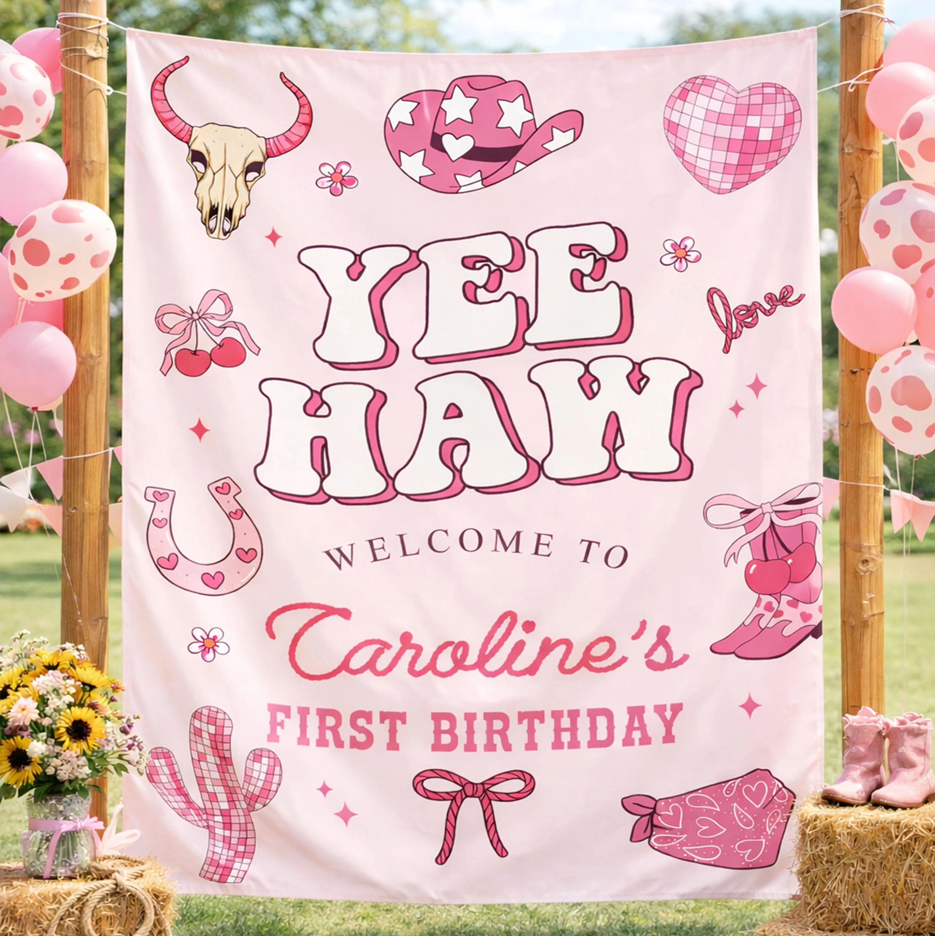 Personalized Yee Haw First Birthday Banner for Girls, Pink Cowgirl Party Backdrop with Custom Name, Western Rodeo Theme Décor