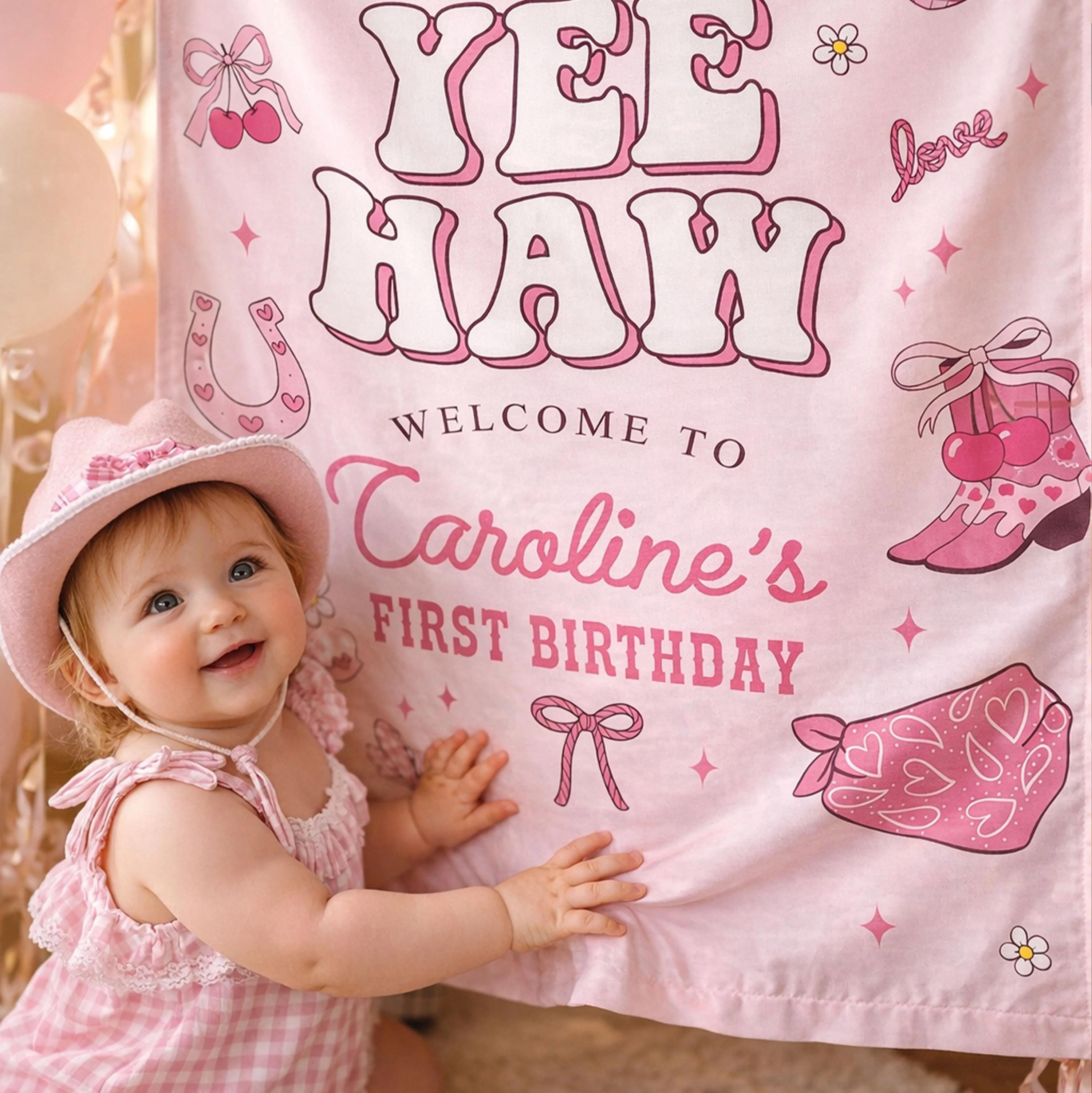 Personalized Yee Haw First Birthday Banner for Girls, Pink Cowgirl Party Backdrop with Custom Name, Western Rodeo Theme Décor