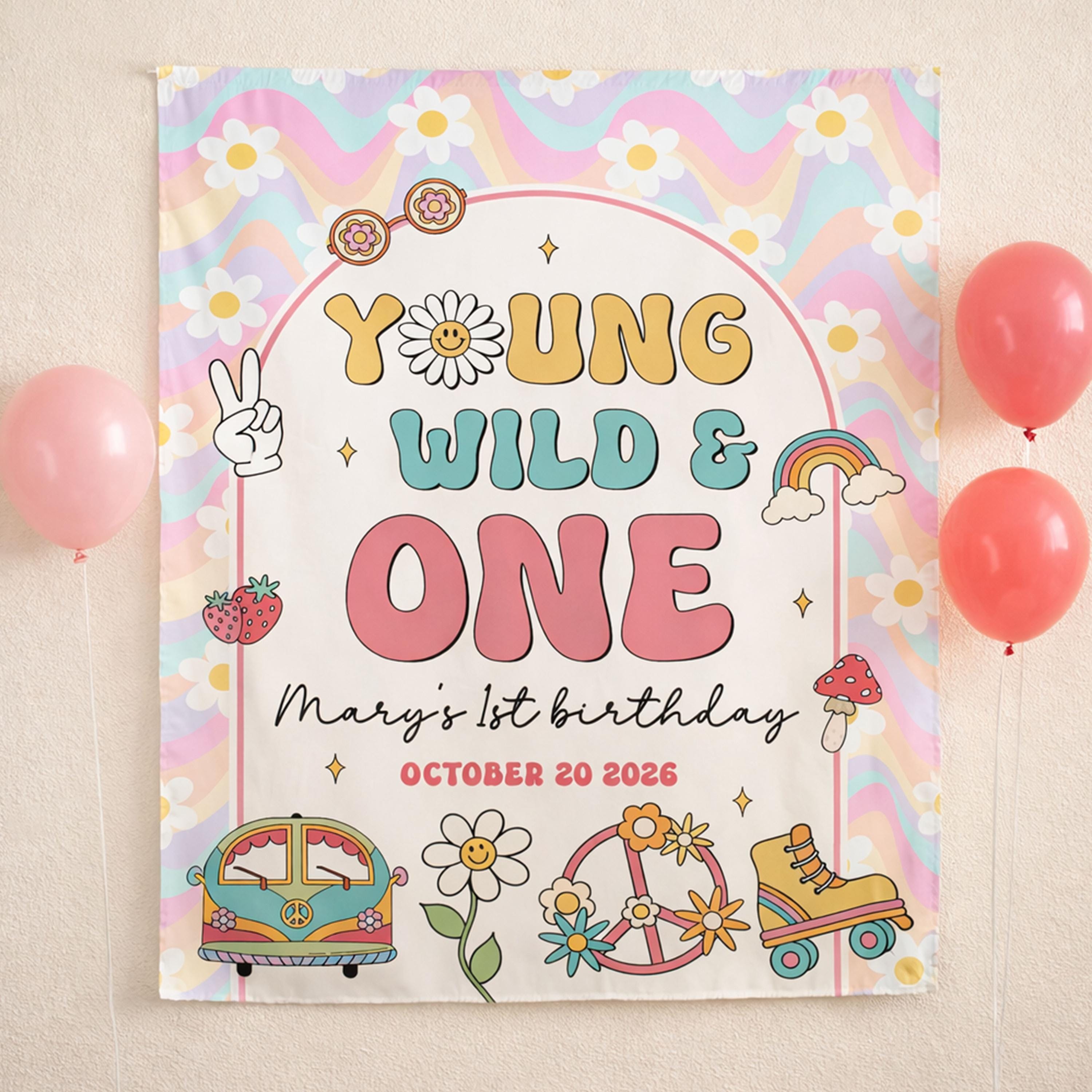 Personalized Young Wild and One Birthday Banner Retro Boho Decor for Girls Toddler Party with Custom Name Date Groovy Pastel Design