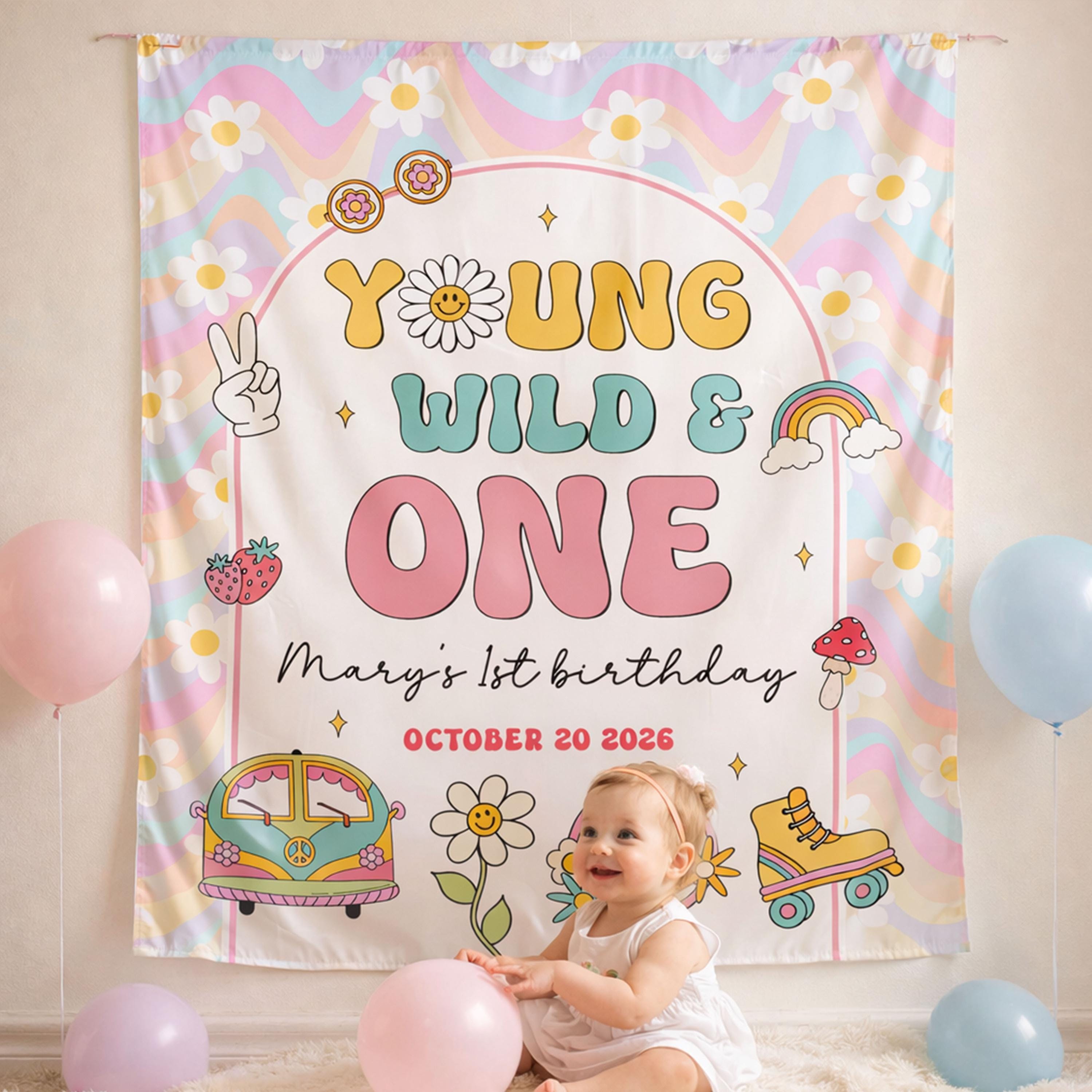 Personalized Young Wild and One Birthday Banner Retro Boho Decor for Girls Toddler Party with Custom Name Date Groovy Pastel Design