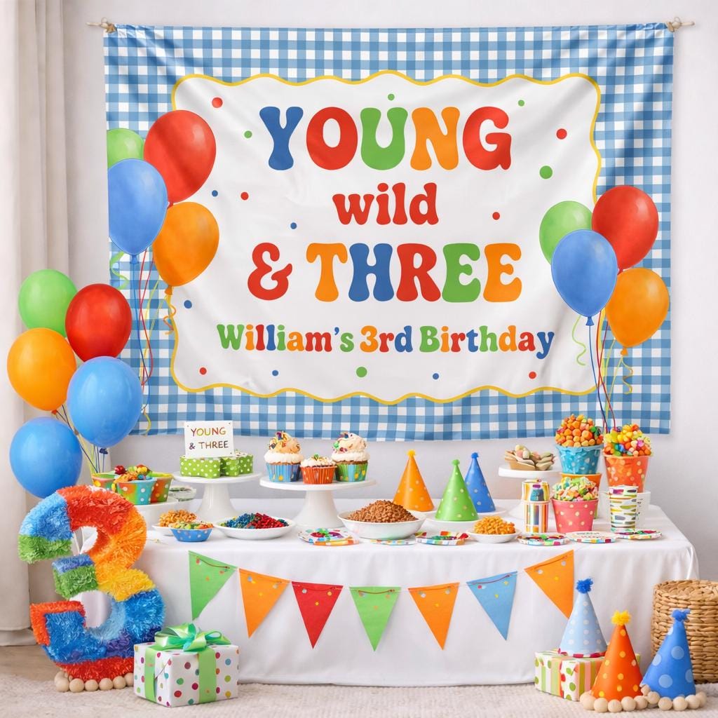 Personalized Young Wild and Three Birthday Banner for Kids Party Decor Custom Name 3rd Birthday Decoration with Balloons and Confetti