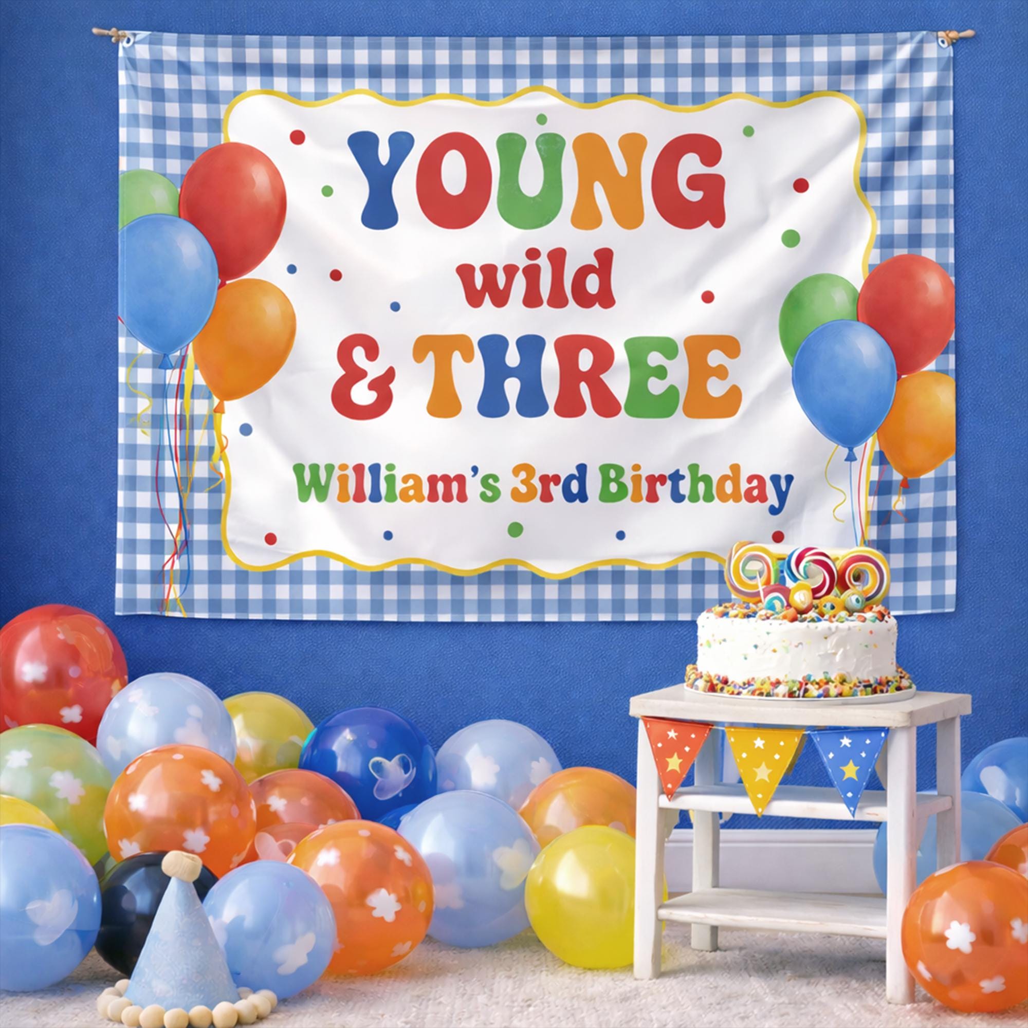 Personalized Young Wild and Three Birthday Banner for Kids Party Decor Custom Name 3rd Birthday Decoration with Balloons and Confetti