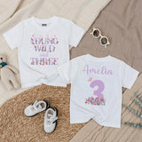 Personalized Young Wild and Three Birthday Shirt for Girls, Floral 3rd Birthday Outfit, Custom Kids' T-Shirt, Soft Cotton Party Clothing
