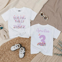 Personalized Young Wild and Three Birthday Shirt for Girls, Floral 3rd Birthday Outfit, Custom Kids' T-Shirt, Soft Cotton Party Clothing