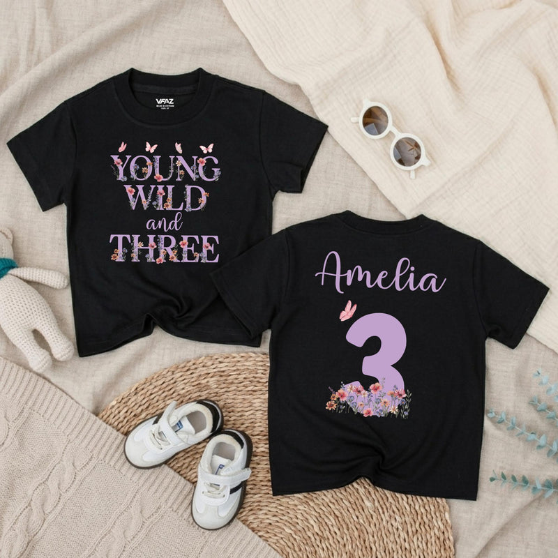 Personalized Young Wild and Three Birthday Shirt for Girls, Floral 3rd Birthday Outfit, Custom Kids' T-Shirt, Soft Cotton Party Clothing