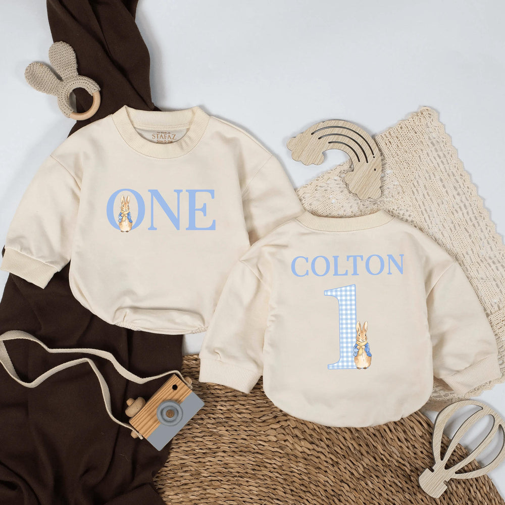 Peter Rabbit 1st Birthday Romper Personalized Baby Boy Outfit Custom Name One Year Old Gift Soft Blue Vintage Bunny Design
