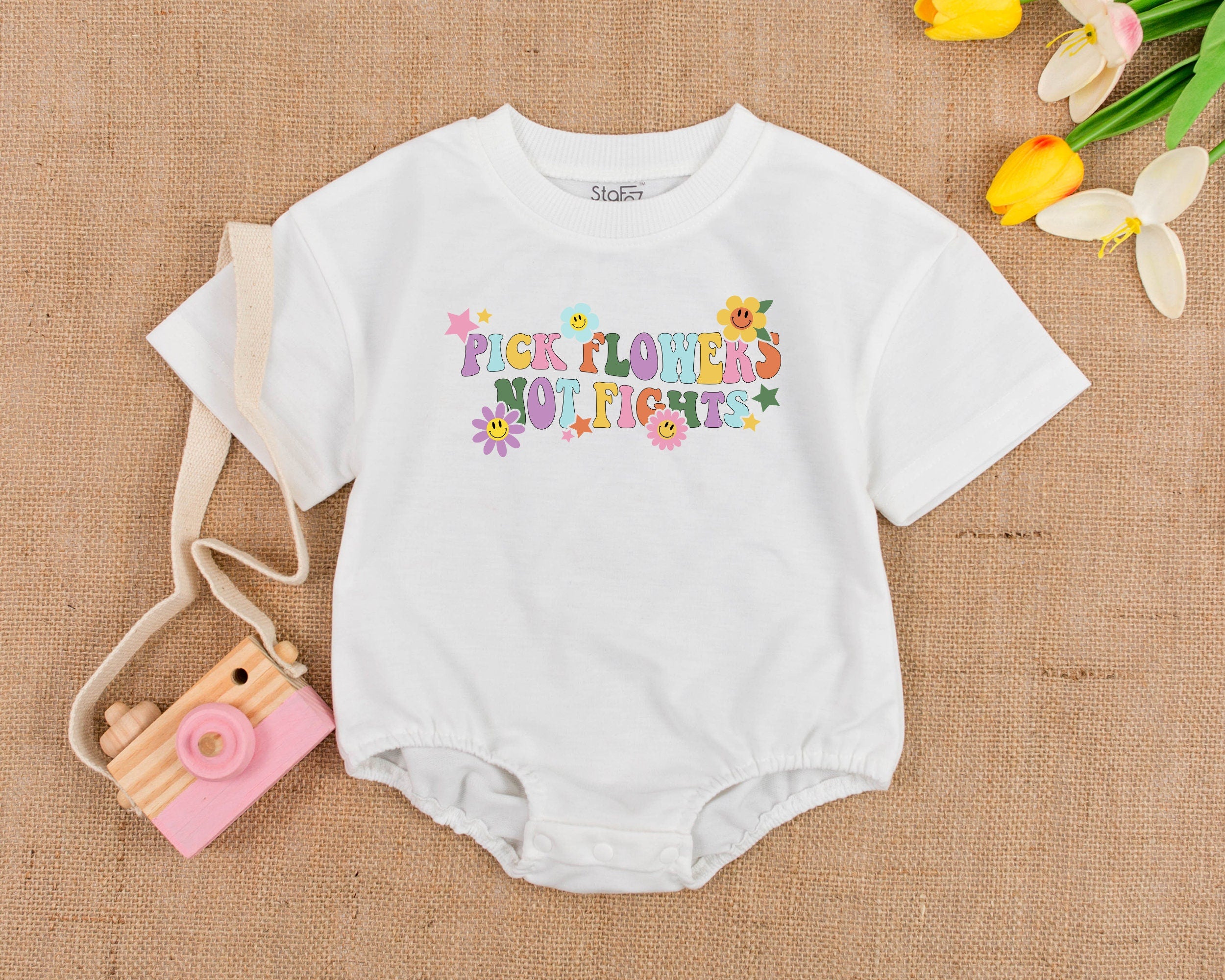 Pick Flowers Not Fights Hippie Baby Romper Boho Cotton Bodysuit Groovy Vintage Pastel Colors Flower Star Design Infant Gift