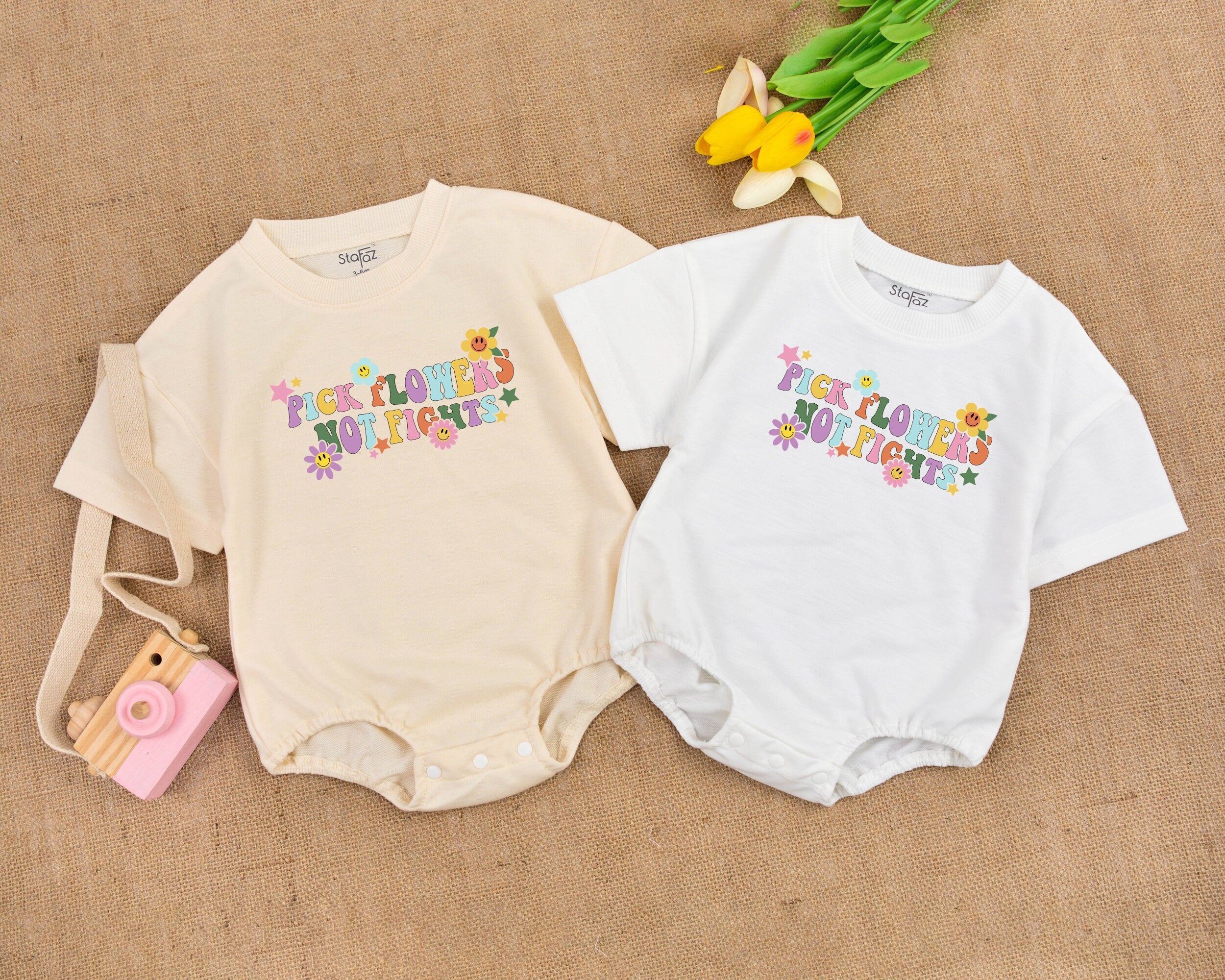 Pick Flowers Not Fights Hippie Baby Romper Boho Cotton Bodysuit Groovy Vintage Pastel Colors Flower Star Design Infant Gift