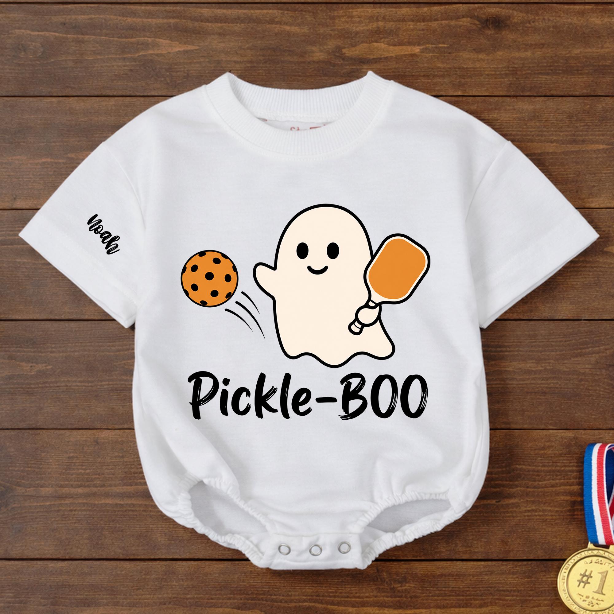 Pickle-BOO Ghost Baby Romper with Pickleball Graphic and Custom Name, Halloween Infant Outfit for Pumpkin Patch Photos