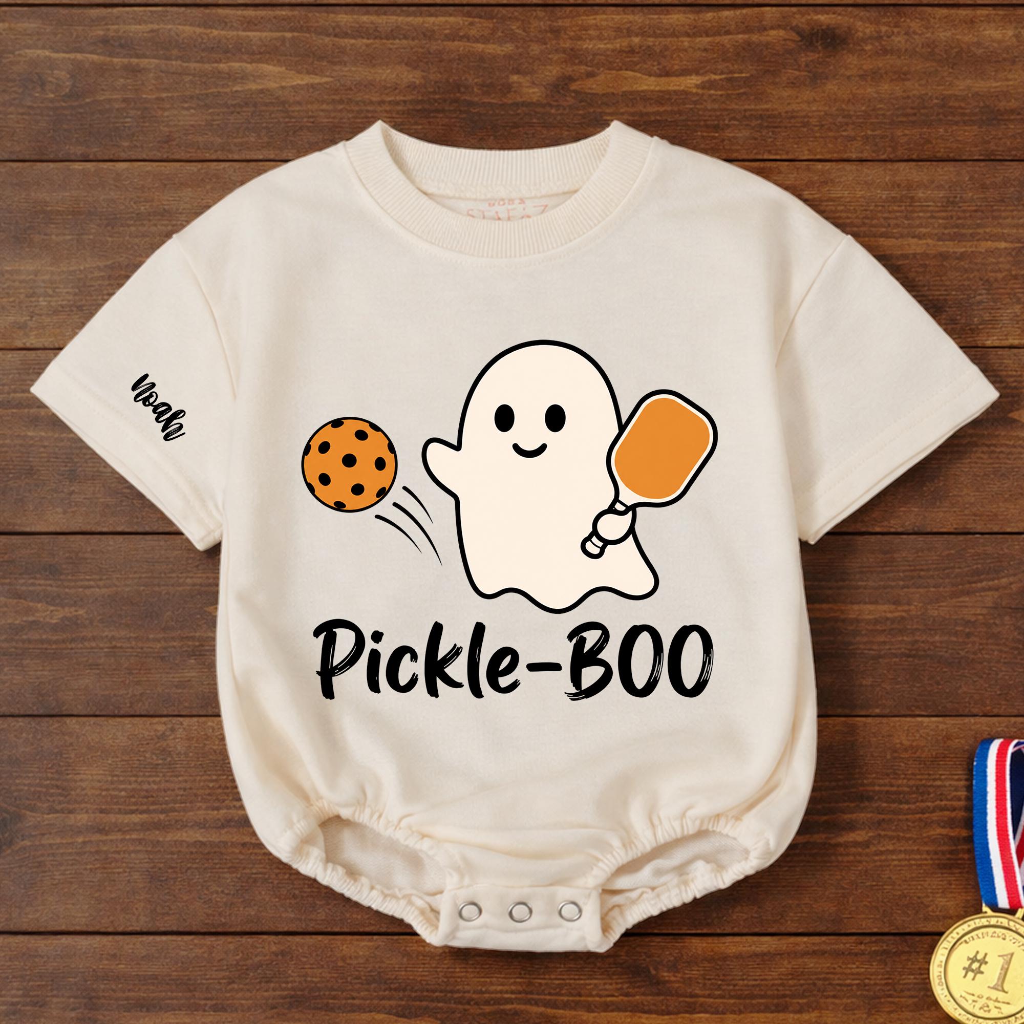 Pickle-BOO Ghost Baby Romper with Pickleball Graphic and Custom Name, Halloween Infant Outfit for Pumpkin Patch Photos