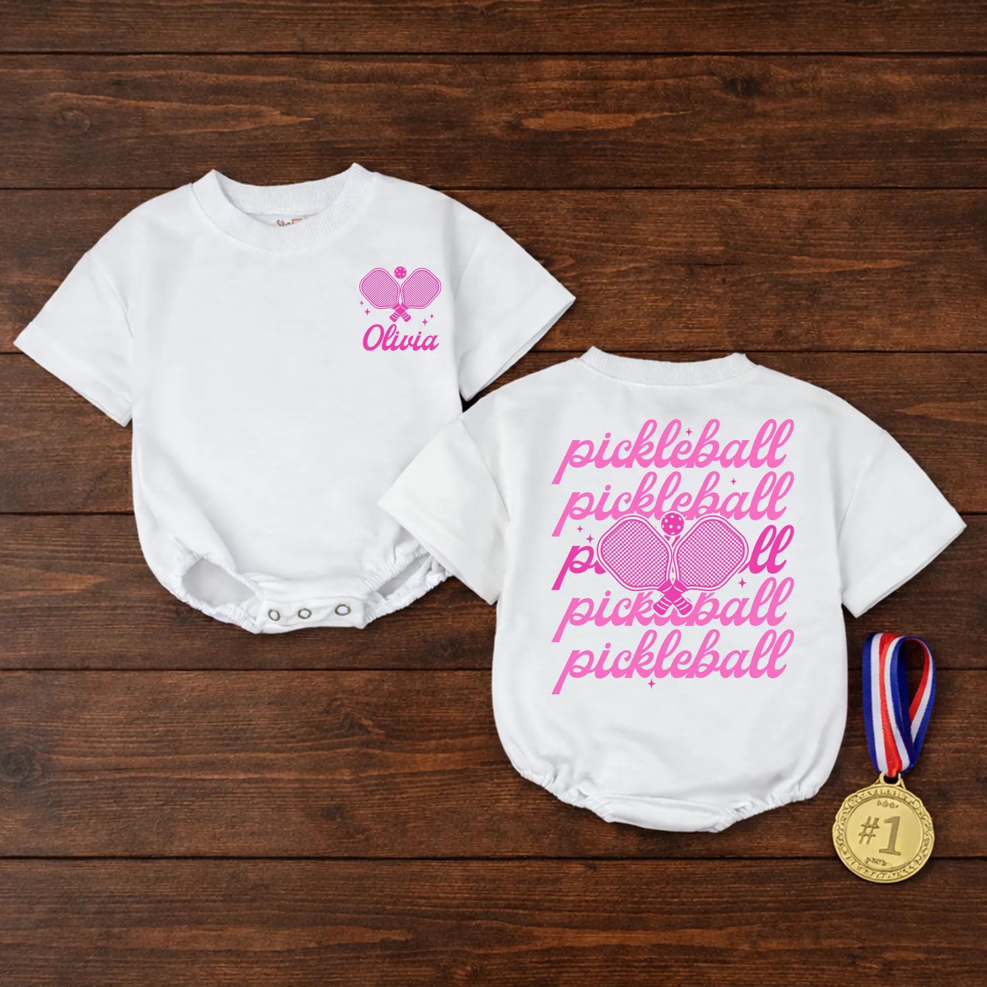 Pickleball Baby Romper with Pink Paddle Design and Custom Name, Toddler Sweatshirt Matching Outfit, Cute Baby Shower Gift
