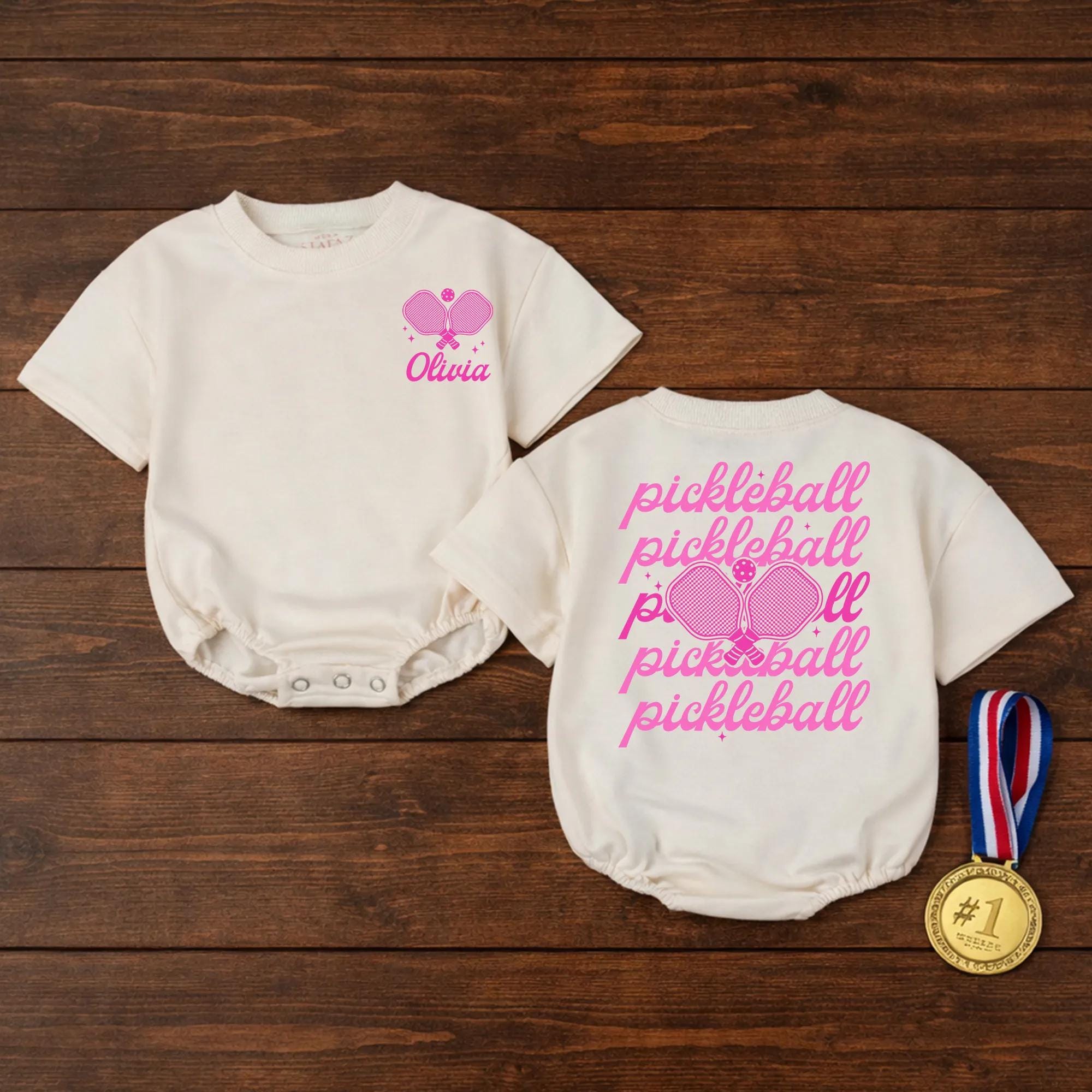 Pickleball Baby Romper with Pink Paddle Design and Custom Name, Toddler Sweatshirt Matching Outfit, Cute Baby Shower Gift